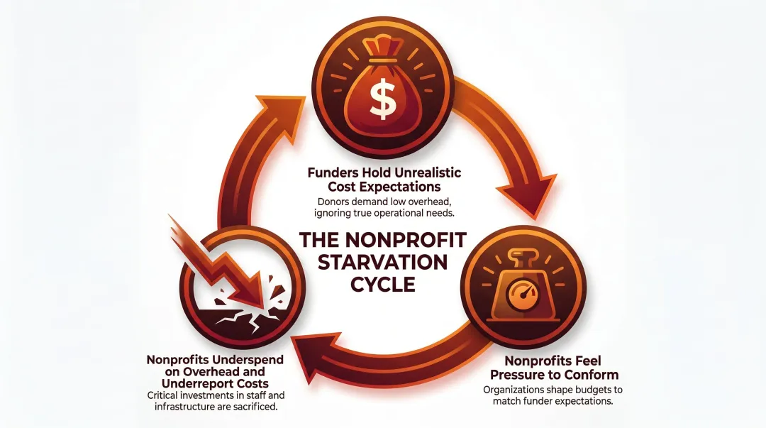 Nonprofit starvation cycle three-step loop showing overhead underfunding pattern