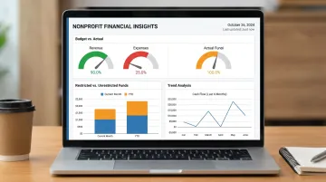 Nonprofit financial dashboard displaying real-time budget variance and grant spending reports