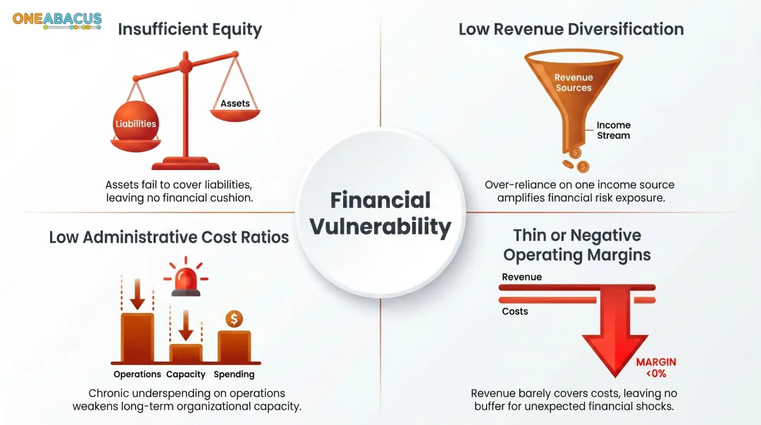 Four Tuckman-Chang nonprofit financial vulnerability risk factors infographic