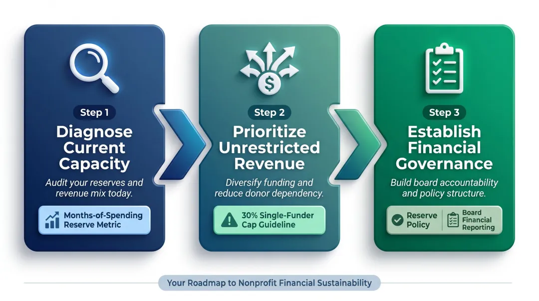 Three-step nonprofit financial sustainability action plan process flow infographic