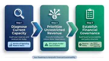 Three-step nonprofit financial sustainability action plan process flow infographic