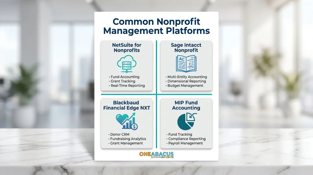 Four leading nonprofit management software platforms comparison overview infographic