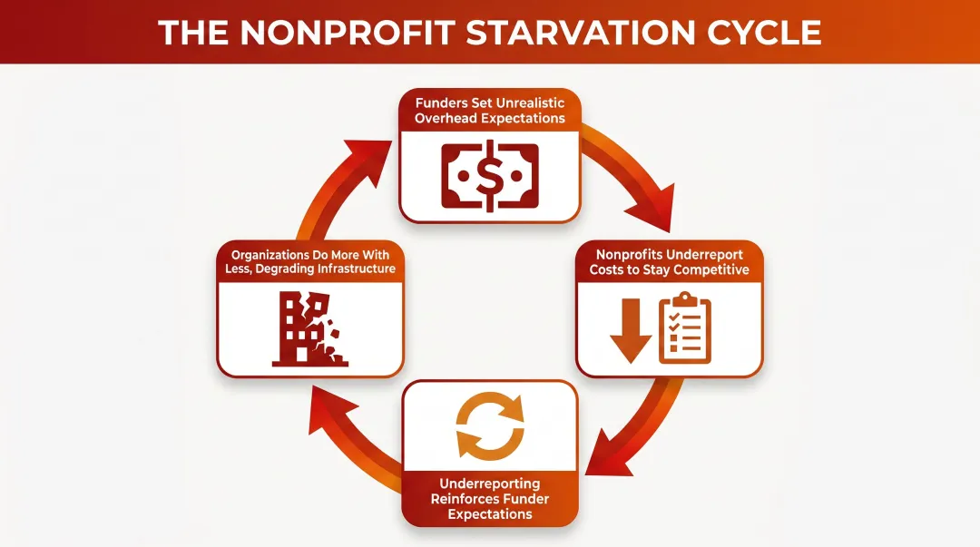 Nonprofit starvation cycle four-step reinforcing loop process flow diagram