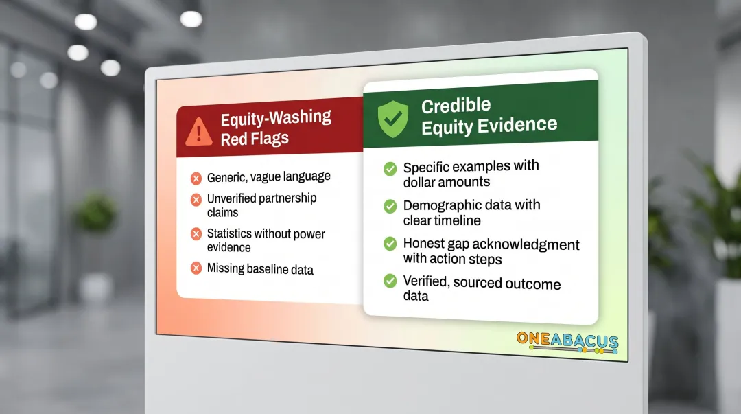 Equity-washing red flags versus credible equity evidence comparison for grant proposals
