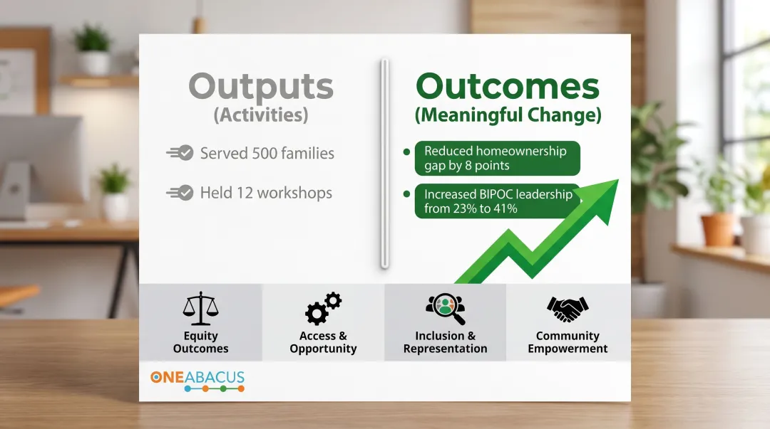 Equity grant outputs versus outcomes distinction comparison chart with examples