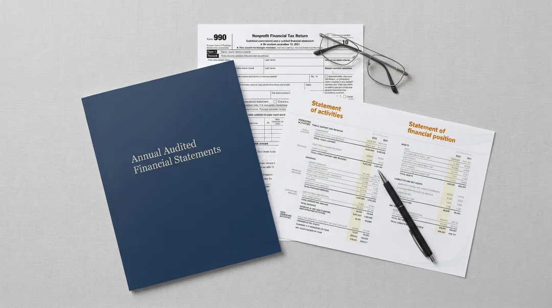 Nonprofit financial documents including Form 990 audit report and budget spreadsheet