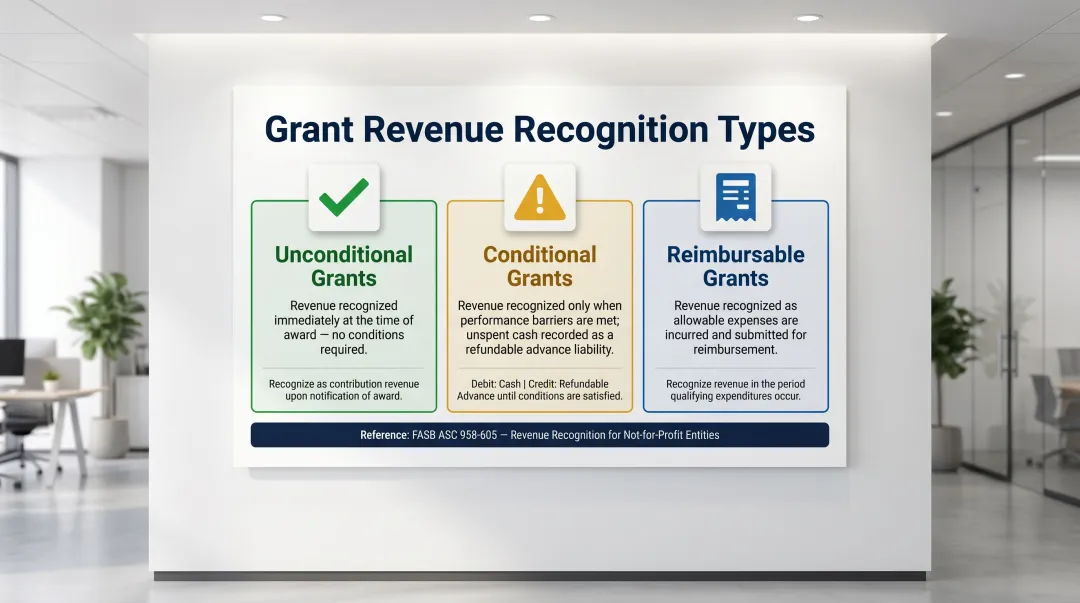 Three nonprofit grant revenue recognition types unconditional conditional reimbursable accounting treatment