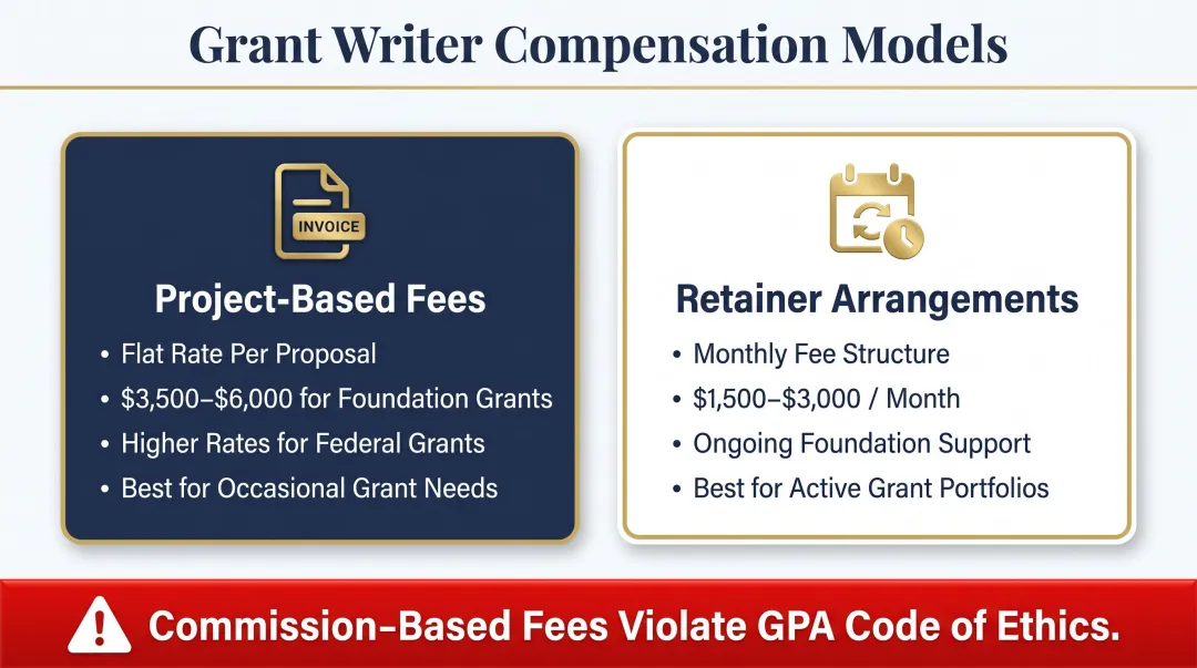 Grant writer fee structures project-based versus retainer model side-by-side comparison