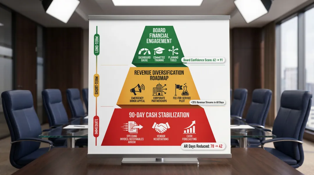 Three-tier nonprofit revenue diversification and cash stabilization turnaround strategy infographic