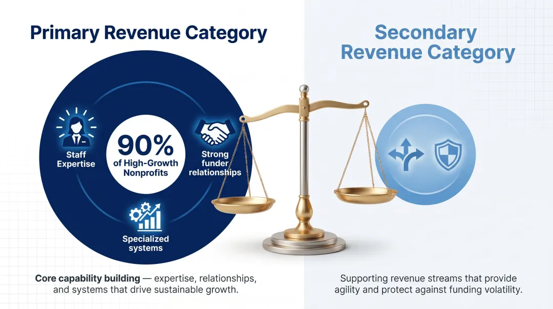 Primary and secondary nonprofit revenue category framework showing focus versus diversification model