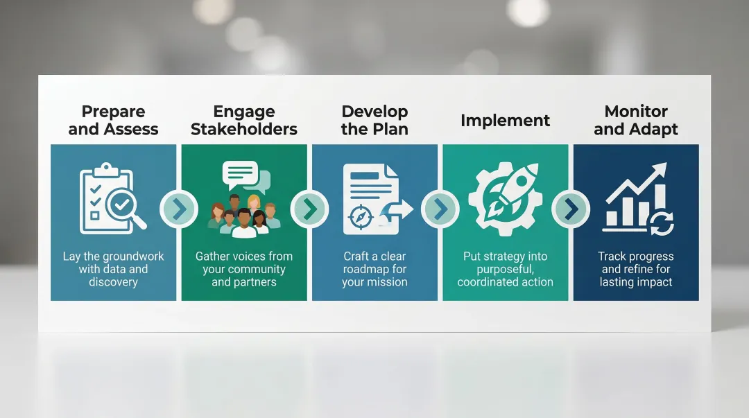 5-stage nonprofit strategic planning process flow from prepare to monitor