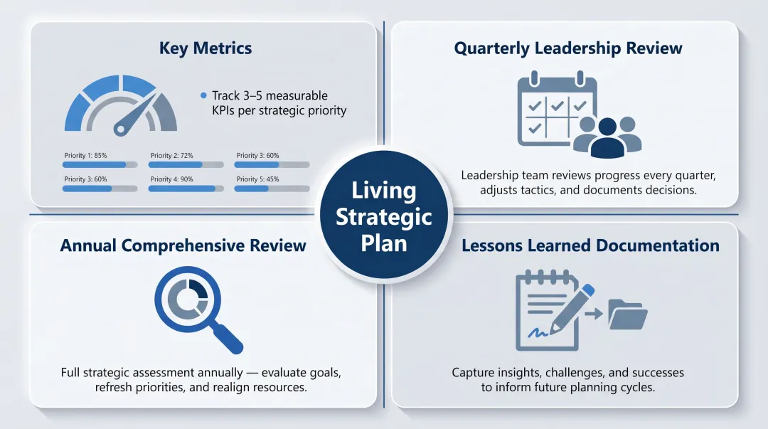 Nonprofit strategic plan quarterly monitoring framework with four key review components