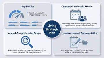 Nonprofit strategic plan quarterly monitoring framework with four key review components