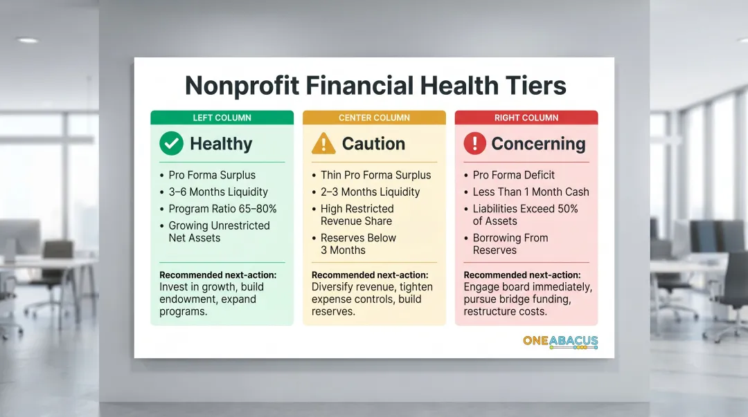 Nonprofit financial health three-tier signal framework healthy caution and concerning indicators