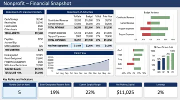 Nonprofit financial dashboard showing cash reserves budget variance and operating metrics