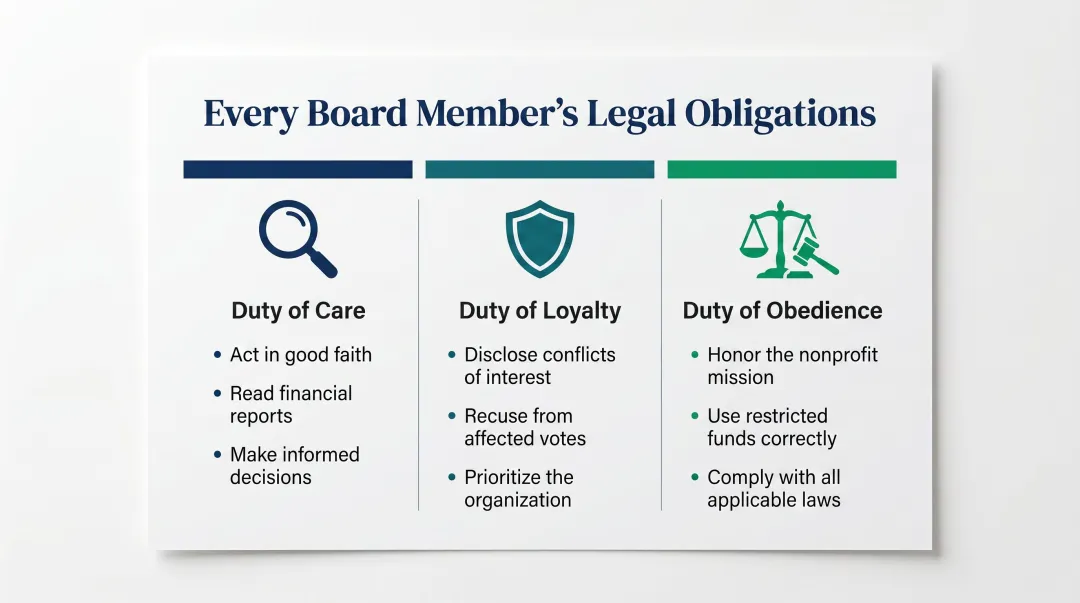 Three nonprofit board fiduciary duties Care Loyalty Obedience explained infographic