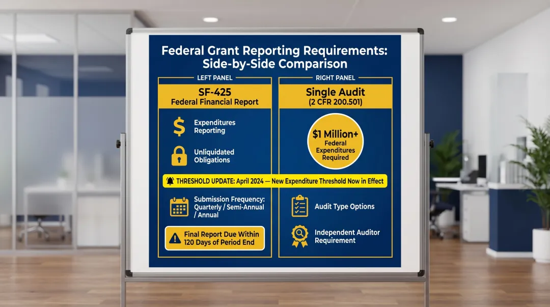 SF-425 federal financial report versus single audit requirement comparison infographic