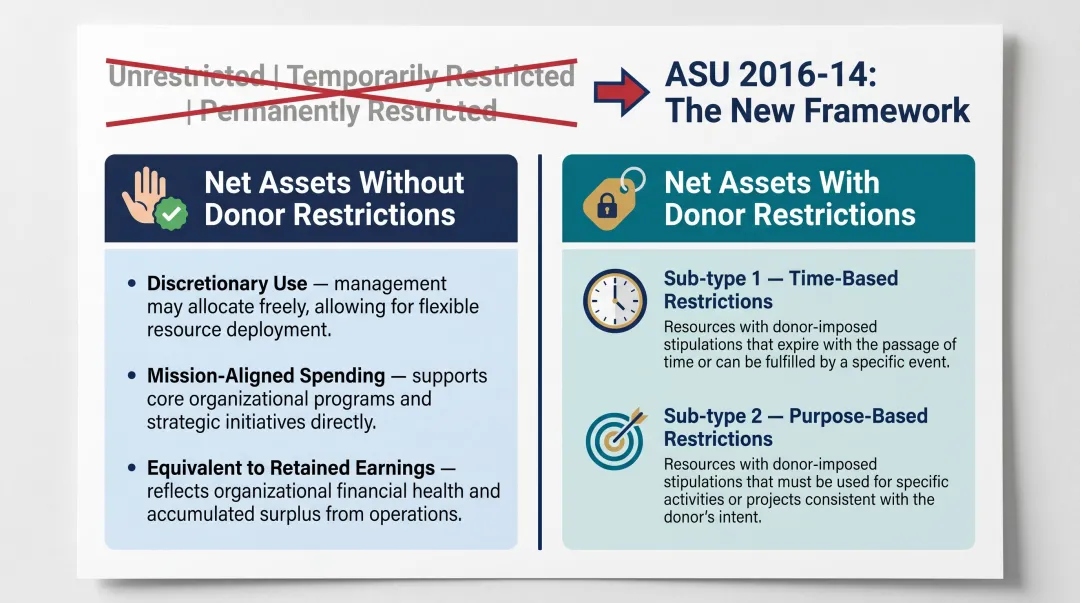 FASB ASU 2016-14 nonprofit net assets two-category classification framework diagram