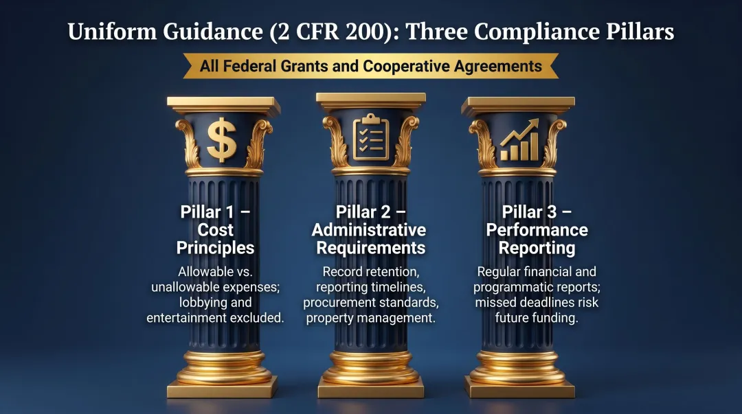 Uniform Guidance 2 CFR 200 three compliance pillars for nonprofit federal award management
