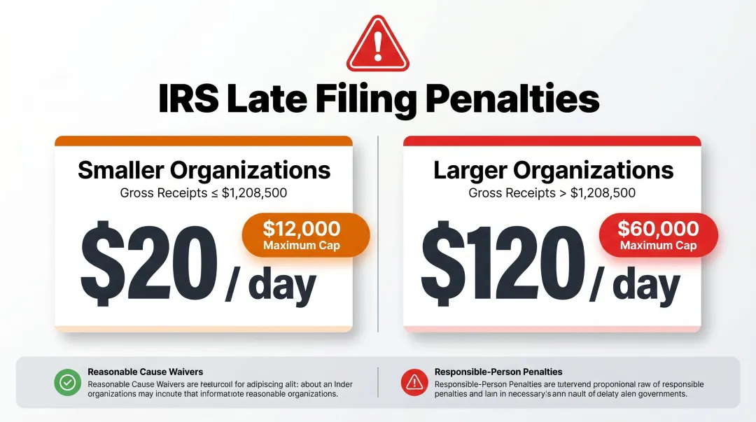 IRS Form 990 late filing penalties by organization size and daily rate