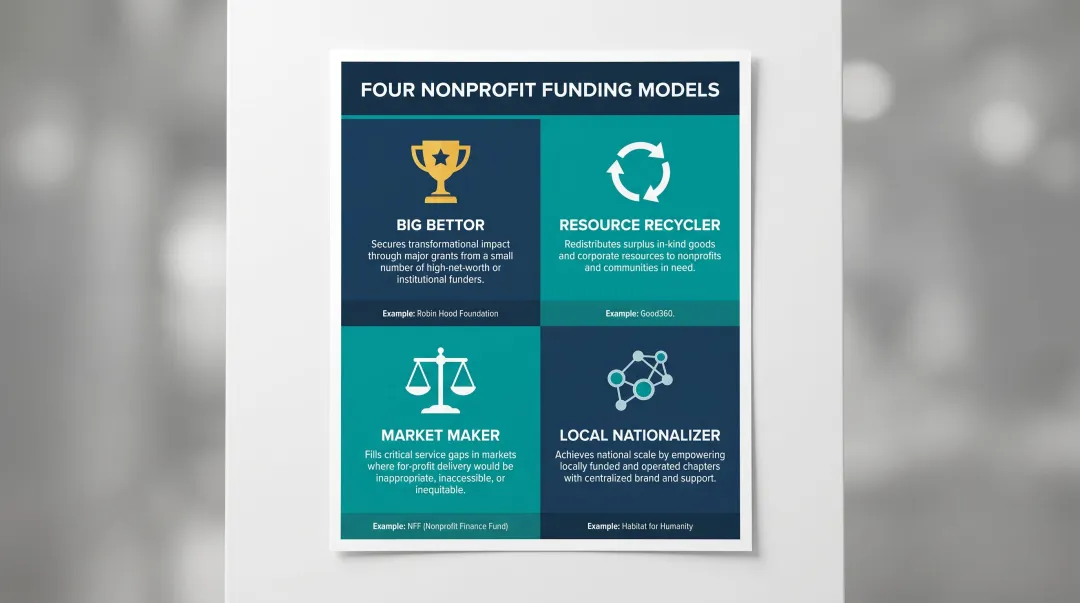 Four foundation corporate and mixed nonprofit funding models comparison infographic