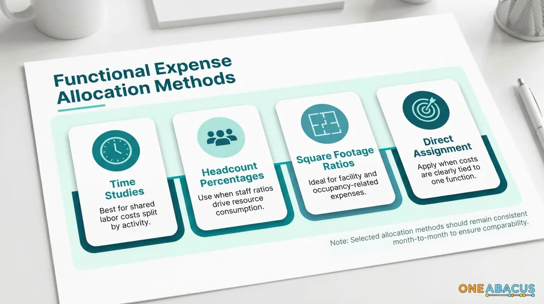 Functional expense allocation methods comparing time studies headcount square footage and direct assignment