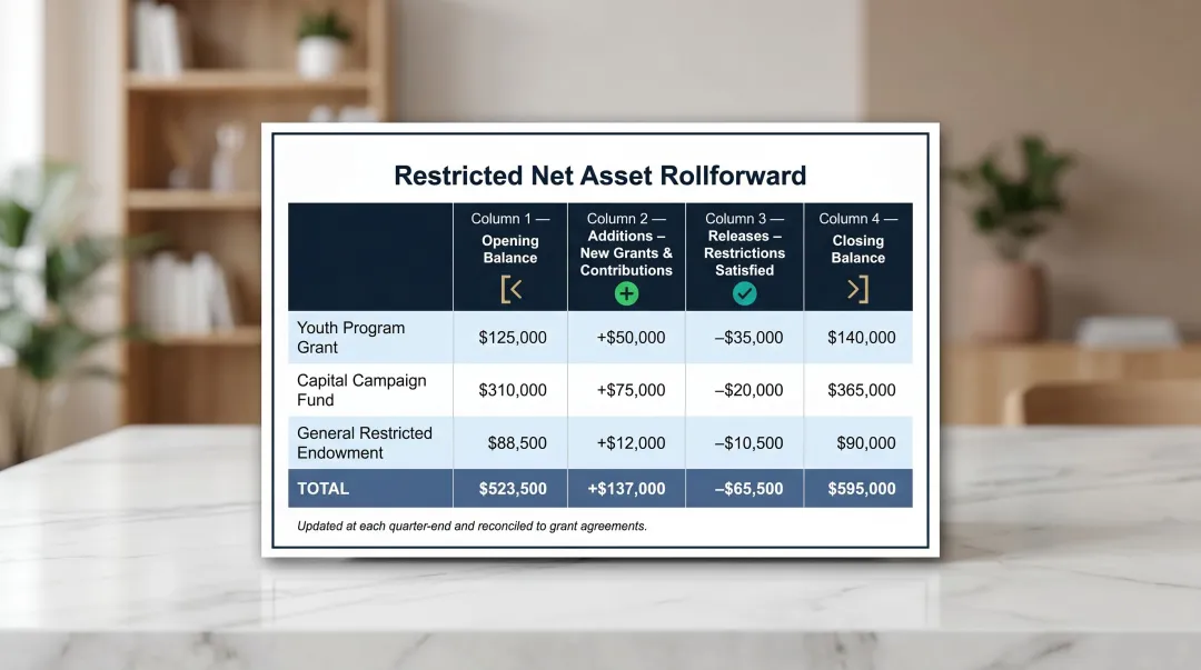 Restricted net asset rollforward table showing opening balance additions releases and closing balance