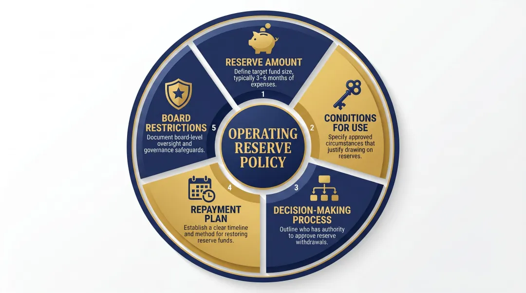Five-component nonprofit operating reserve policy framework board requirements infographic