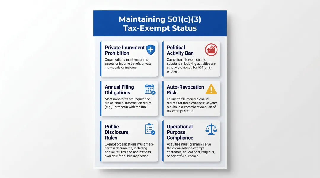 Six key IRS 501c3 tax-exempt status compliance requirements summary chart