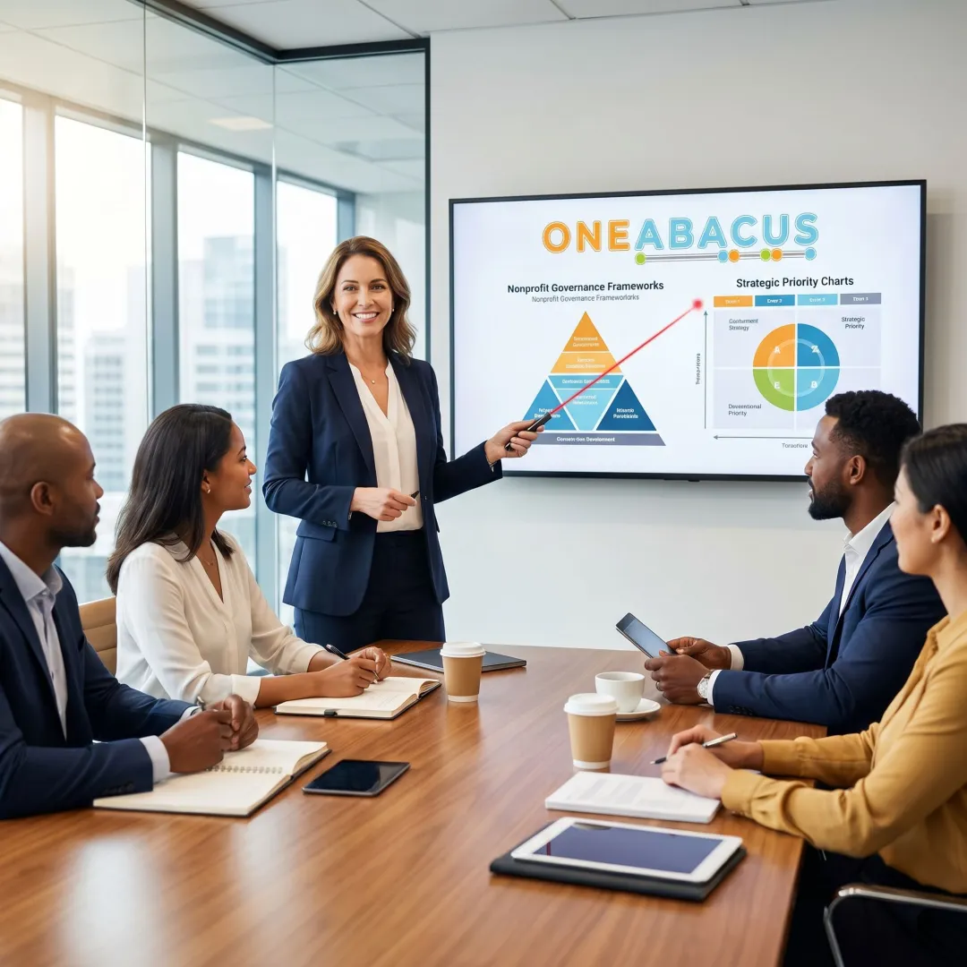 Nonprofit advisor presenting leadership strategy to executive team