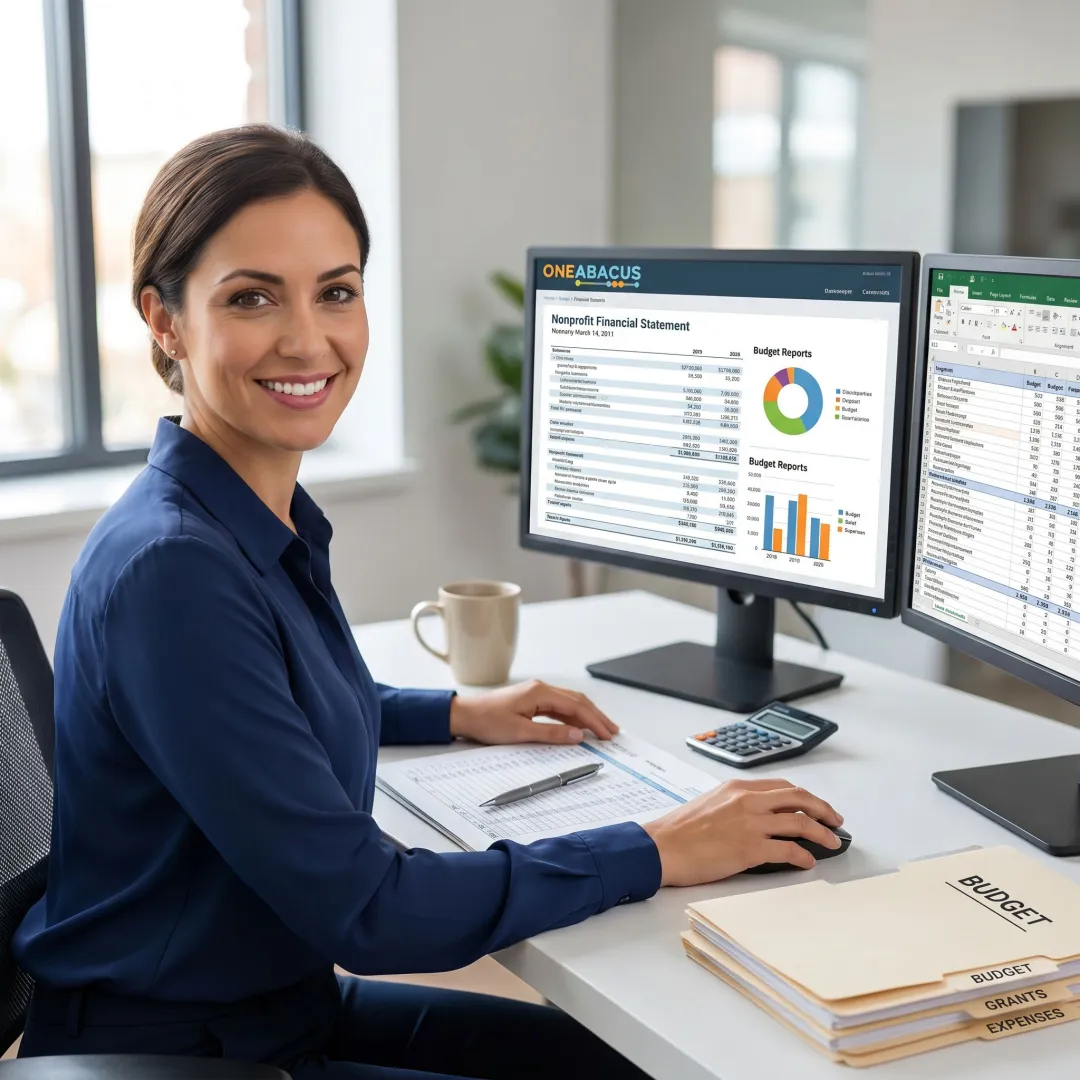 Nonprofit bookkeeper preparing monthly financial reports