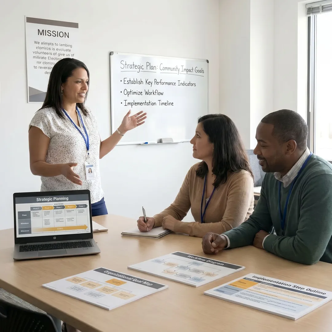 Consultant guiding nonprofit team through planning process