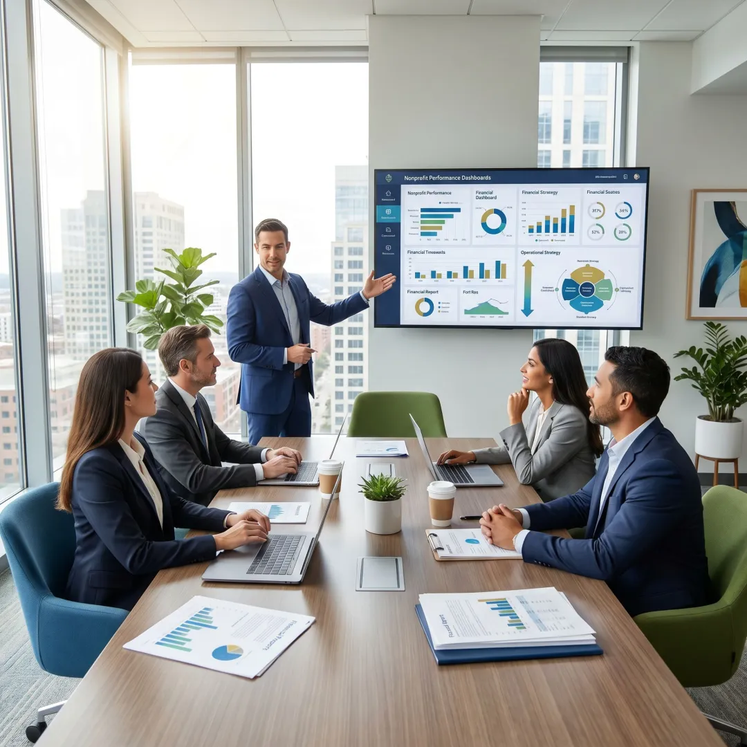 Consultant presenting nonprofit performance strategy to leadership team