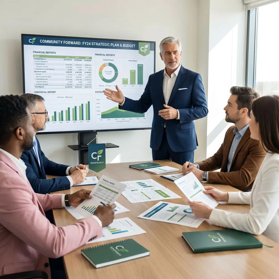 Nonprofit executive advisor reviewing strategy and financial reports