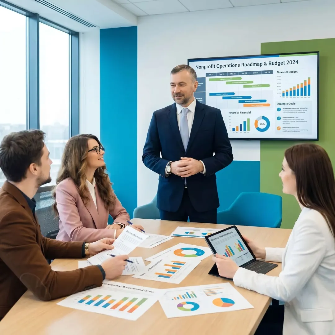Consultant reviewing nonprofit operations and financial plans
