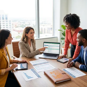 Nonprofit financial advisor reviewing reports with leadership team