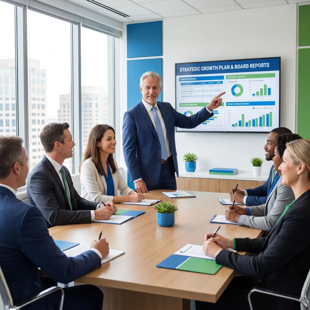 Advisor presenting nonprofit strategy and financial reports