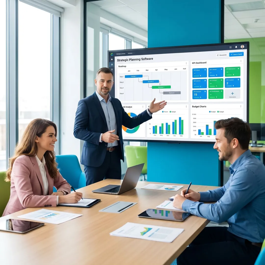Consultant guiding nonprofit team through strategic planning platform