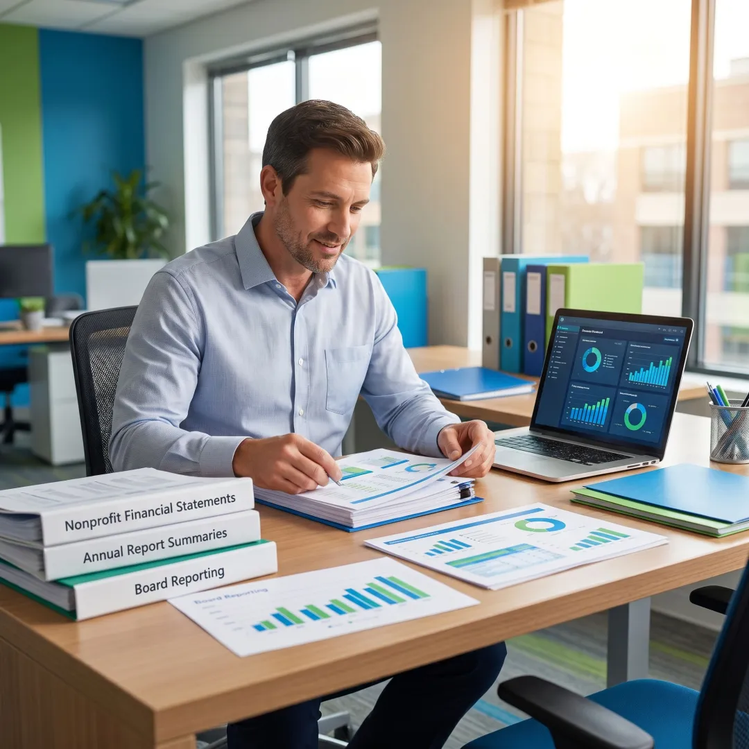 Advisor preparing nonprofit financial statements and annual report materials