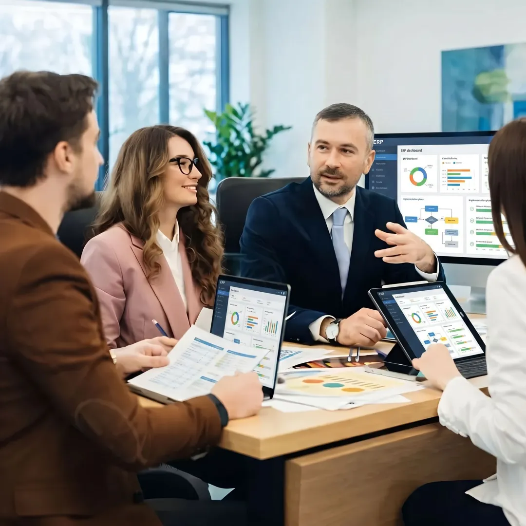 Consultant reviewing nonprofit ERP setup with finance staff