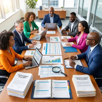 Nonprofit leadership team reviewing grant planning documents