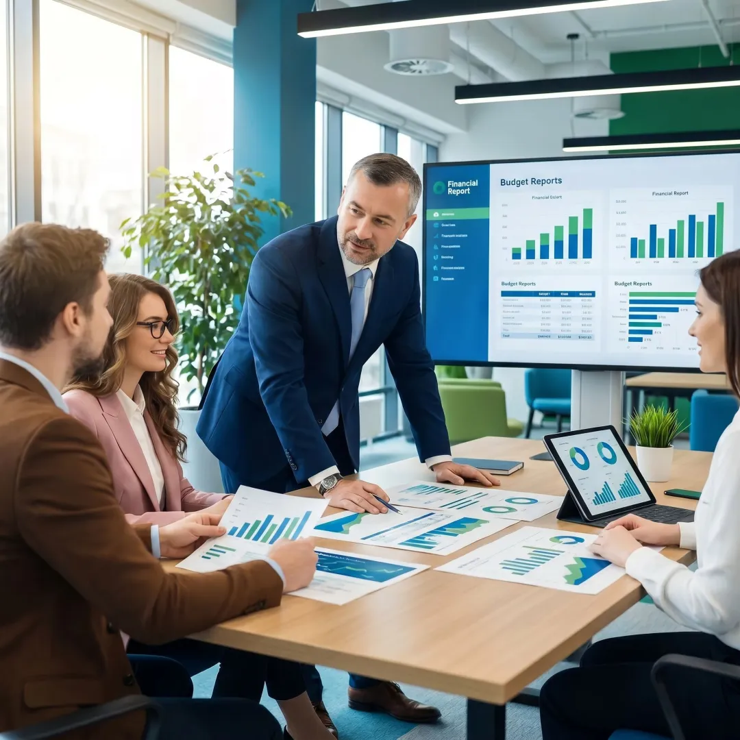 Nonprofit financial consultant reviewing reports with leadership