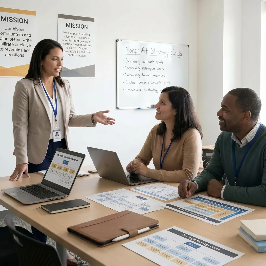 Consultant reviewing nonprofit operations with leadership team