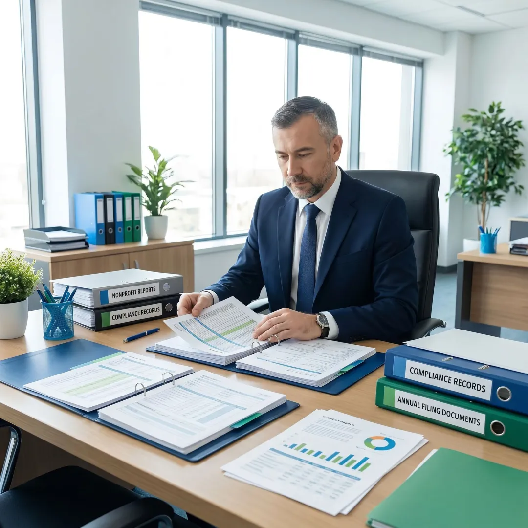 Advisor organizing nonprofit annual filing documents