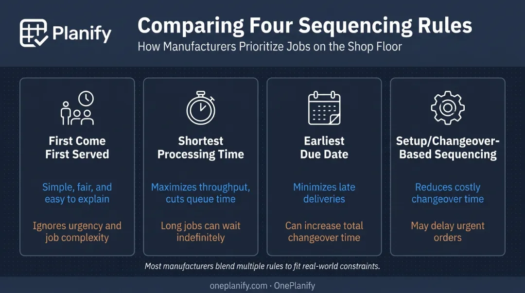 Comparison of four manufacturing job sequencing rules and their tradeoffs