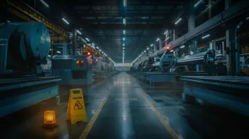 Manufacturing facility production floor showing idle machinery during unplanned downtime event