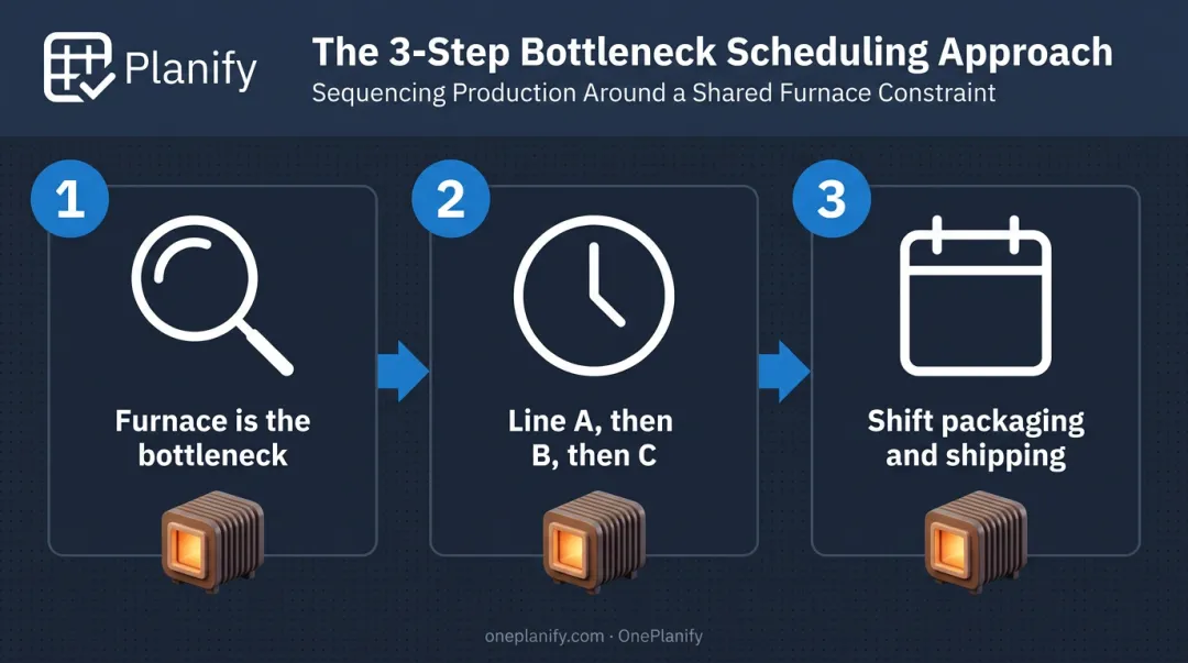 3-step resource-constrained scheduling process for shared furnace bottleneck