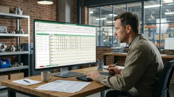 Production planner manually updating complex Excel scheduling spreadsheet on desktop