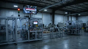 Industrial manufacturing facility downtime disruption showing idle machinery and empty production floor