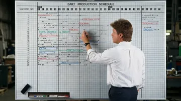 Cluttered manufacturing whiteboard scheduling system showing manual job tracking limitations